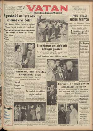 Vatan Gazetesi 20 Ağustos 1952 kapağı
