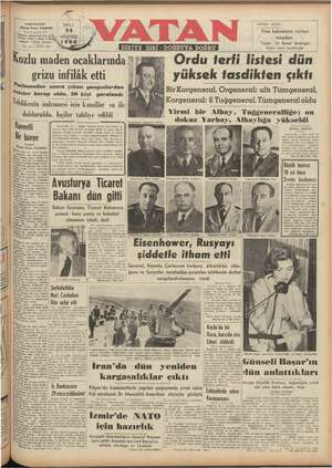 Vatan Gazetesi 26 Ağustos 1952 kapağı