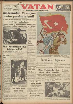 Vatan Gazetesi 30 Ağustos 1952 kapağı