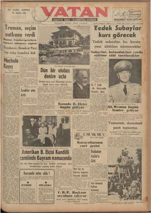 Vatan Gazetesi 3 Eylül 1952 kapağı