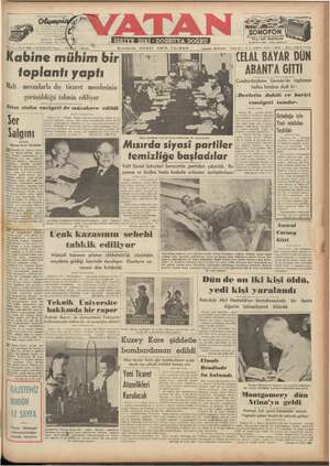 Vatan Gazetesi September 14, 1952 kapağı