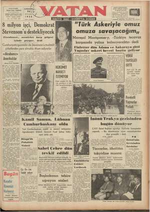 Vatan Gazetesi September 24, 1952 kapağı