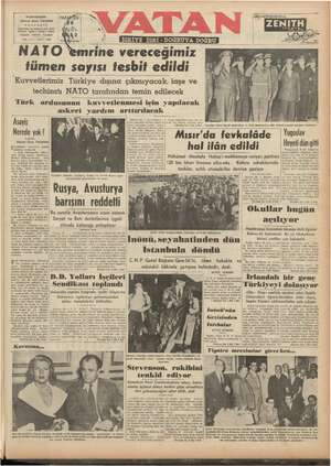 Vatan Gazetesi September 29, 1952 kapağı