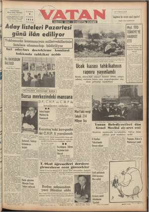 Vatan Gazetesi April 9, 1954 kapağı