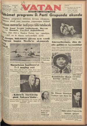 Vatan Gazetesi 24 Mayıs 1954 kapağı
