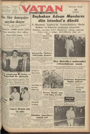 Vatan Gazetesi 9 Haziran 1954 kapağı