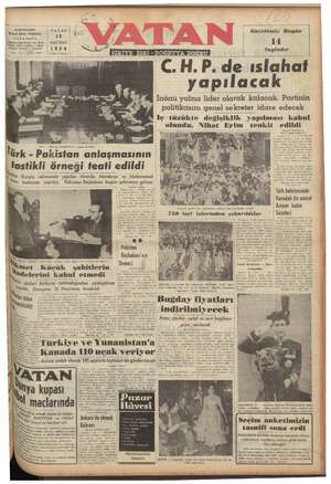 Vatan Gazetesi 13 Haziran 1954 kapağı