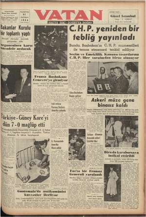 Vatan Gazetesi 21 Haziran 1954 kapağı