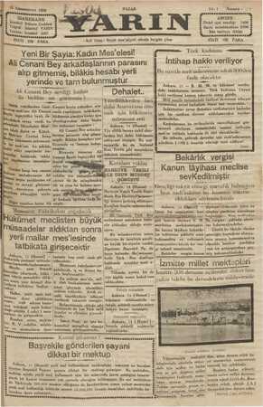 Yarın Gazetesi 15 Aralık 1929 kapağı
