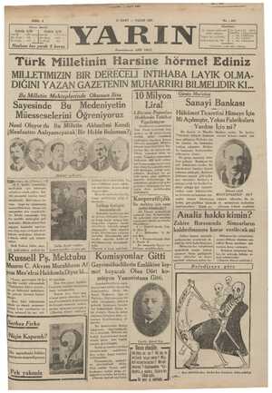 Yarın Gazetesi 15 Mart 1931 kapağı