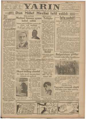 Yarın Gazetesi 26 Temmuz 1931 kapağı