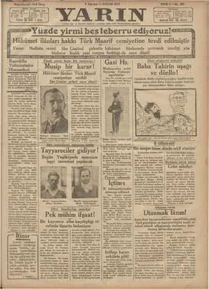 Yarın Gazetesi 9 Ağustos 1931 kapağı