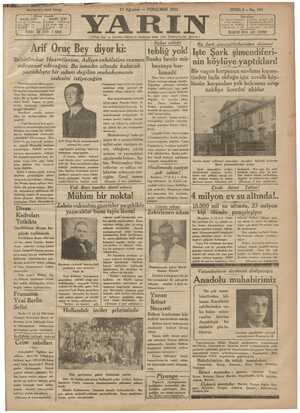 Yarın Gazetesi 13 Ağustos 1931 kapağı