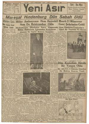 Yeni Asır Gazetesi 3 Ağustos 1934 kapağı