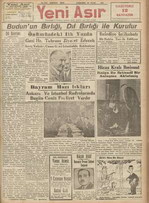 Yeni Asır Gazetesi 26 Eylül 1934 kapağı