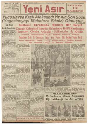 Yeni Asır Gazetesi 11 Ekim 1934 kapağı