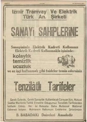    ie | Sahife '4 R e Yeni Asır > 29 Teşrinievvel 1934 İzmir Tramvay Ve Elekirik Il Türk An. Şirketi Sanayinizde Elekirik...