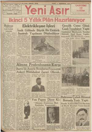 Yeni Asır Gazetesi 11 Kasım 1934 kapağı