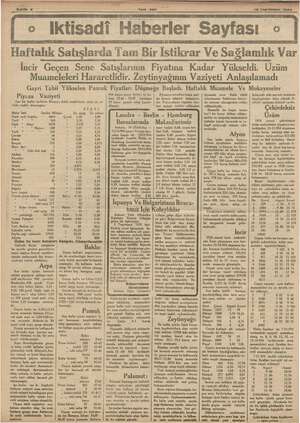    15 Teşrinisani “1934 o Iktisadi Haberler Sayfası o Haftalık Satışlarda Tam Bir İstikrar Ve Sağlamlık Var İncir Geçen Sene