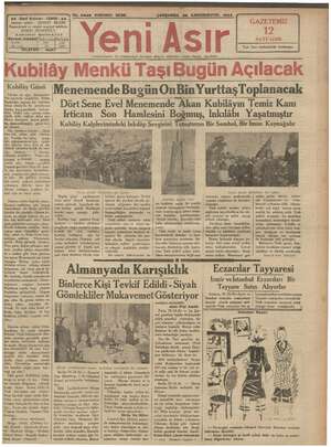 Yeni Asır Gazetesi 26 Aralık 1934 kapağı