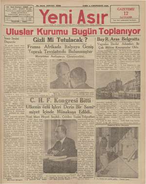 Yeni Asır Gazetesi 11 Ocak 1935 kapağı