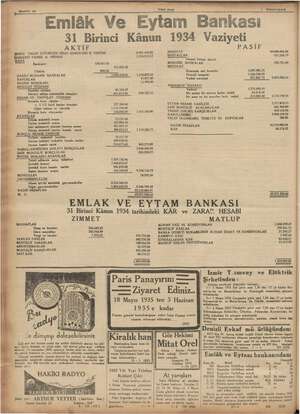    , Sahite 10 e—— rey AMA Mey Yeni Asır — e 'mlâk Ve Eytam Bankası 31 Birinci Kânun 1934 Vaziyeti .000.000.00 © İENÜZ TALEP