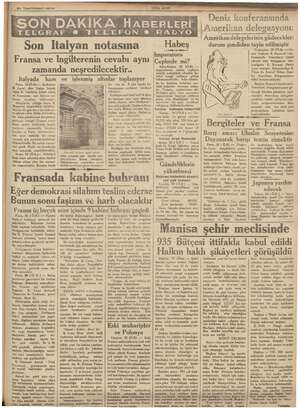  li çar iflâs tehdidi 4... 2! Teşrinisani 1935 SON DAKİKA HABERLERİ TELGRAF © TELEFON 6 RADYO Son Italyan notasına Fransa ve