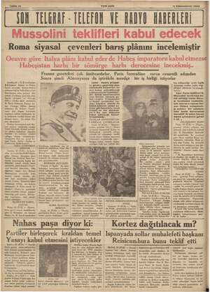  Sahife 10 YENI ASIR 11 Köânunuevvel 1935 ei ii YON TELGRAF - TELEFON VE RADYO HABERLERİ Roma siyasal çevenleri barış plânını