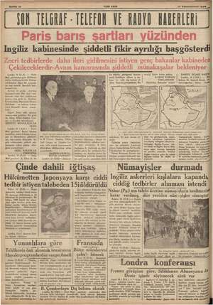    Sahlte 10 YENI ASIR 17 Kânunuevvel 1933 YON TELGRAF - TELEFON VE RADYO KABEKLERİ İngiliz kabinesinde şiddetli fikir...