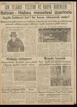    Sanne 16 YENİ ASIR 16 Kânunusanı 1936 DON TELGRAF ELERON VE RANYI ARERLEKİ Italyan - Habeş meselesi üzerinde Ingiliz...