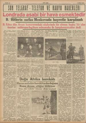  ae YENİ ASIR 10 Mart1936 ON TELGRAF - TELEFON VE AADYO HABERLERİ B. Hitlerin nutku Moskovada hayretle karşılandı Bern, 9 R:)