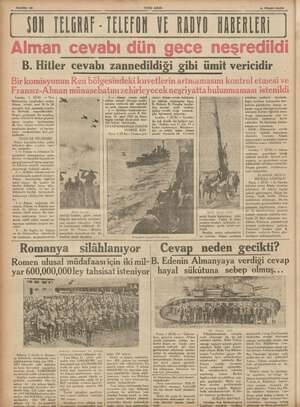  Sahife 10 YENI ASIR -& Nisanıs36 DON TELGRAF ELERON VE RAHYO HABERLERİ B. Hitler cevabı zannedildiği gibi ümit vericidir...