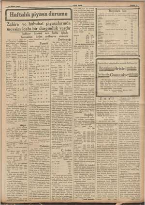    10 Nisan 1936 i Haftalık piyasa durumu iyii “YENY ASIR Zahire ve hububat piyasalarında mevsim icabı bir durgunluk vardır