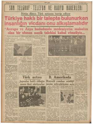 Sahife 10 YENİ ASIR 15 Nisan 1936 DON TELGRAR ELEFON VE RADYO KABERLERİ Bütün dünya Türk notasını tasvip ediyor usu reddi...