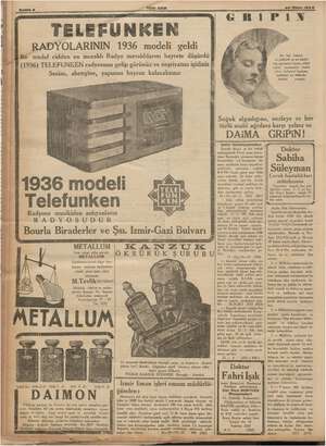  Sahite 8 "YENİ ASIR TELEFUNKEN RADYOLARININ 1936 modeli geldi Bu model cidden en meraklı Radyo meraklılarını hayrete düşürdü