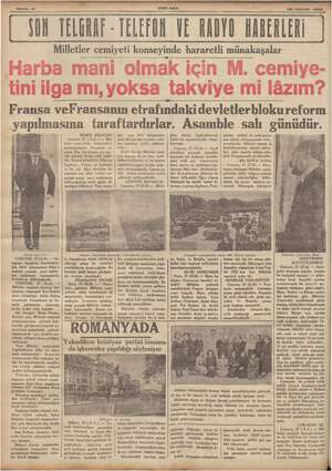    ğ 28 Hazıran 15936 YON TELERAF ELEFON VE RADYO GABEKLERİ Milletler cemiyeti konseyinde hararetli münakaşalar Fransa...