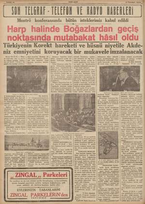   YENİ ASIR 17 Temmyz 1936 > i- DON TELGRAF - TELEFON VE RADYO HABERLERİ Montrö konferansında Türkiyenin Korekt hareketi ve