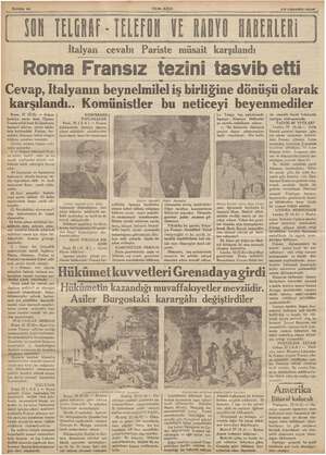  , YENİ ASIR 23 Agusıos 1936, ON TELGRAK ELERON VE RAHYO HABERLERİ p Italyan cevabı Pariste müsait karşılandı Roma Fransız...
