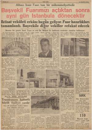    Altıncı İzmir Fuarı tam bir mükemmeliyettedir YENİ ASIR ma mean 5v Ağustos 1936 Iktisat vekâleti erkânı bugün geliyor. Fuar