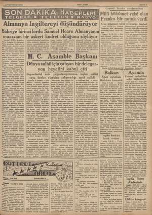    3 Teşrinlevel 1936 YENI ASIR Riya Lağleryi düşündürüyor Bahriye birinci lordu Samuel Hoare Almanyanın muazzam bir askeri