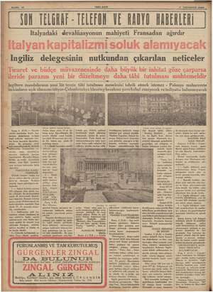    Sahife 10 YENI ASIR 7 Teşrinievel 1936 ., YON TELGRAF ELEFON VE RADYO MARERLERİ Italyadaki devalüasyonun mahiyeti Fransadan