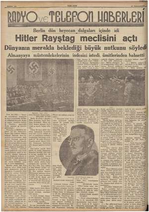  Hitler Raystag meclisini açtı Dünyanın merakla beklediği büyük nutkunu söyledi - Almanyaya müstemlekelerinin iadesini istedi,