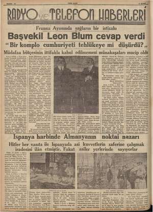  10 YENI ASIR Fransız Ayanında sağların bir istizahı Başvekil Leon Blum cevap verdi “Bir komplo cumhuriyeti tehlükeye mi...