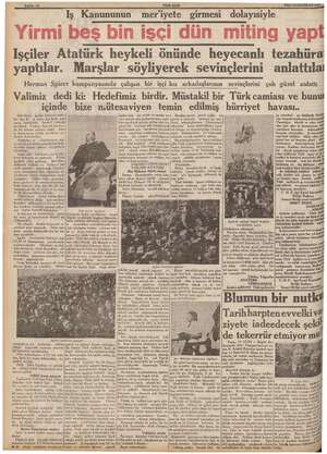  Sahife 10 YENİ AS SALI 15 HAZİRAN 19377 Iş Kanununun mer'iyete girmesi dolayısiyle İşçiler Atatürk heykeli önünde heyecanlı