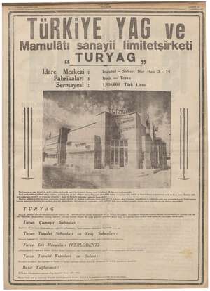    SARIFE SAHİFE 13 9 EYLUL PERŞEMBE 1937 TüRKiYE YAG ve Mamulâtı sanayii iimitetşirketi « URYAG, Idare Merkezi : Istanbul -