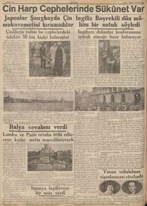  SAYFA: La YENLASIR 1OİLK TEŞRİN PAZAR 1937 Cin Harp Cephelerinde Sükünet Var Japonlar Şanghayda Çin mukavemetini kıramadılar