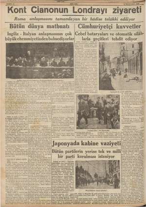      maa - —— an A ALARA A SAHIFE 12 YENİ ASik 19 NİSAN SALI 1938 Kont Cianonun Londrayı ziyareti Roma anlaşmasını tamamlayan