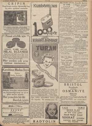  | 23 HAZİRAN PERŞEMBE 1938 GRIPIN Kaşelerinin tesirini öğrenenler baş, diş adele ağrılarını unuturlar NEZLE, Ka ROMATİZMA,
