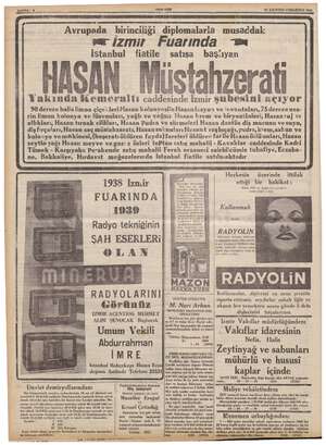  SAYFA :8 m — 27 AĞUSTOS CUMARTESİ 1938 ——— e m aş İstanbul  fiatile HASAN dişfırçaları, Hasan kolonya : ,( # Avrupada...