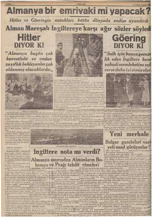    "Almanya bir emrivaki mi Hitler ve Göeringin nutukları bütün dünyada endişe uyandırdı Alman Mareşalı İngiltereye | karşı